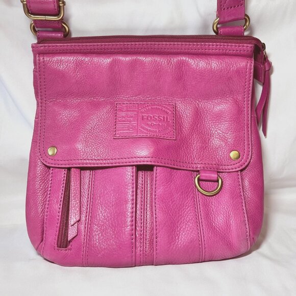 Fossil Hot Pink Crossbody Leather Purse/Bag-Lots of Compartments-Canvas Mix Srap - Picture 2 of 16